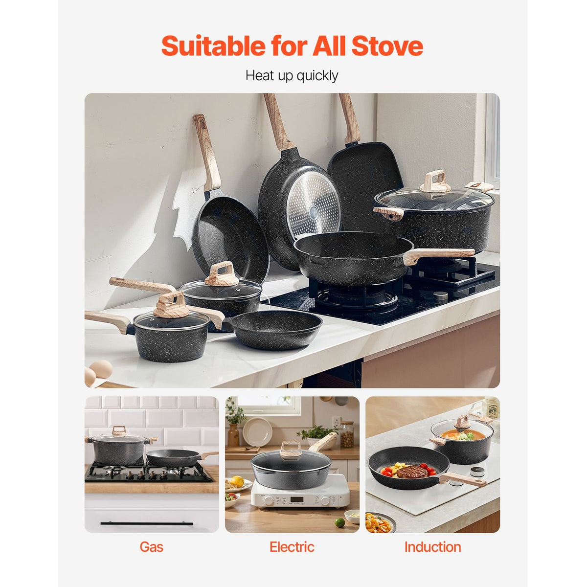 19 Piece Pots and Pans Set, Granite Nonstick Cookware Set, Induction Cookwares, Kitchen RV Cooking Sets with Frying, Sauce, Saute, Tempered Glass Lids, and Pan Protectors, Black