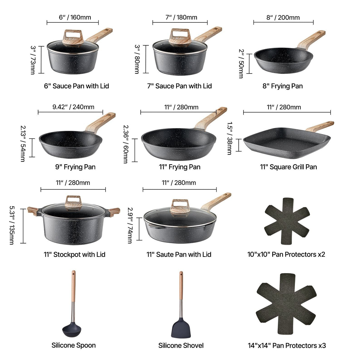 19 Piece Pots and Pans Set, Granite Nonstick Cookware Set, Induction Cookwares, Kitchen RV Cooking Sets with Frying, Sauce, Saute, Tempered Glass Lids, and Pan Protectors, Black