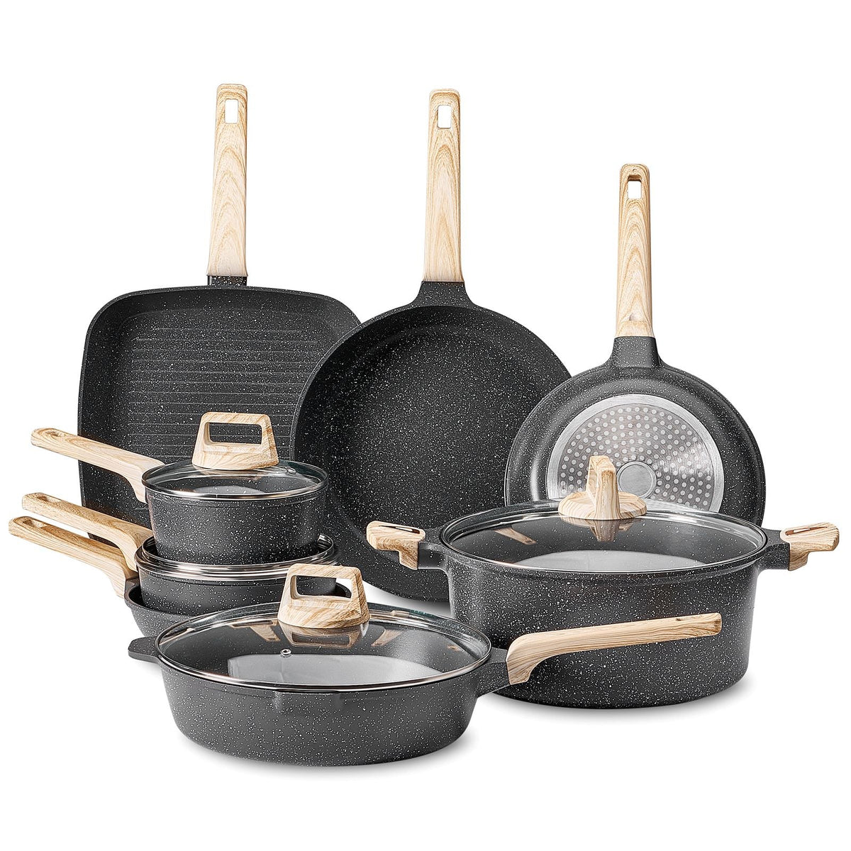 19 Piece Pots and Pans Set, Granite Nonstick Cookware Set, Induction Cookwares, Kitchen RV Cooking Sets with Frying, Sauce, Saute, Tempered Glass Lids, and Pan Protectors, Black