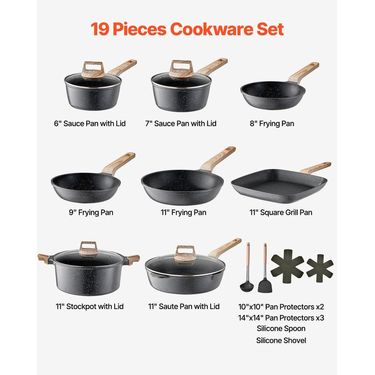 19 Piece Pots and Pans Set, Granite Nonstick Cookware Set, Induction Cookwares, Kitchen RV Cooking Sets with Frying, Sauce, Saute, Tempered Glass Lids, and Pan Protectors, Black