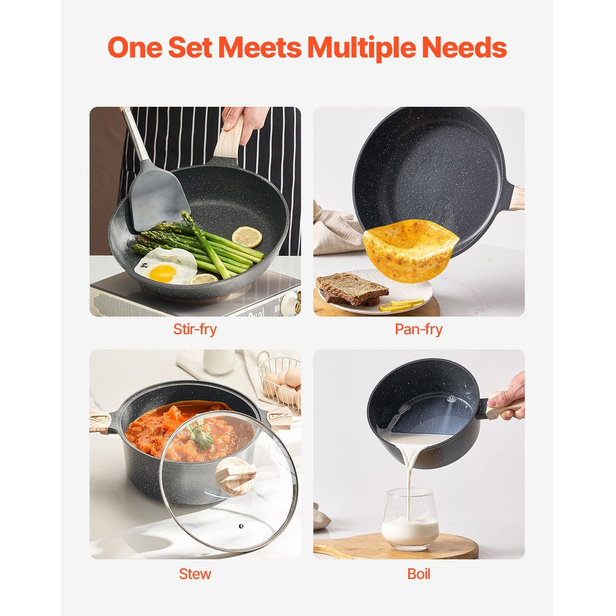 19 Piece Pots and Pans Set, Granite Nonstick Cookware Set, Induction Cookwares, Kitchen RV Cooking Sets with Frying, Sauce, Saute, Tempered Glass Lids, and Pan Protectors, Black