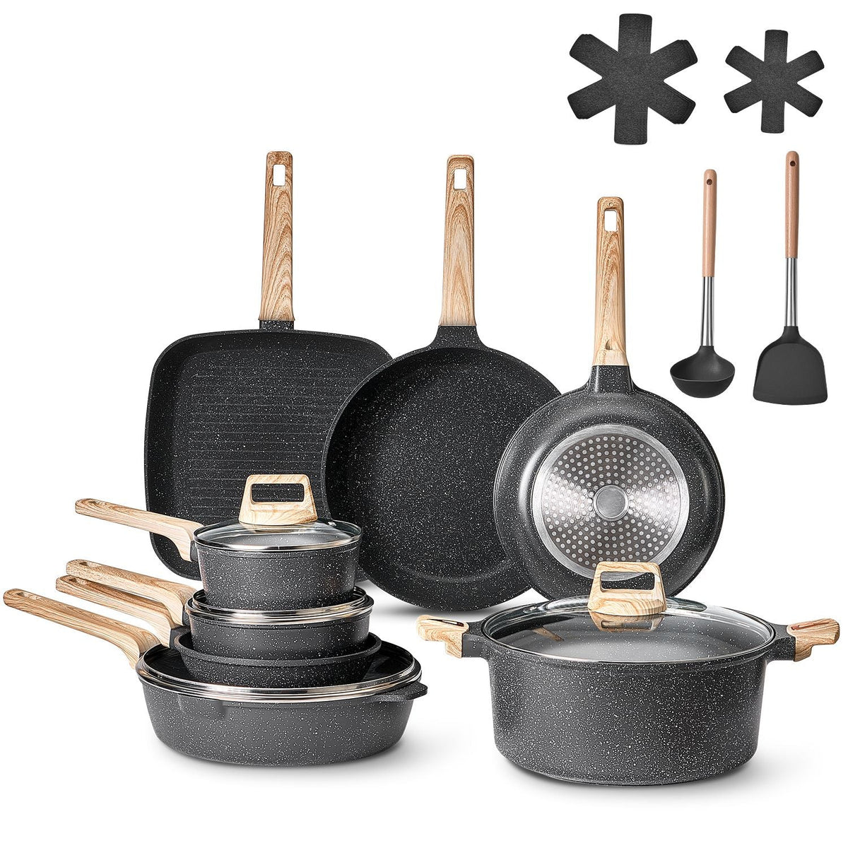 19 Piece Pots and Pans Set, Granite Nonstick Cookware Set, Induction Cookwares, Kitchen RV Cooking Sets with Frying, Sauce, Saute, Tempered Glass Lids, and Pan Protectors, Black