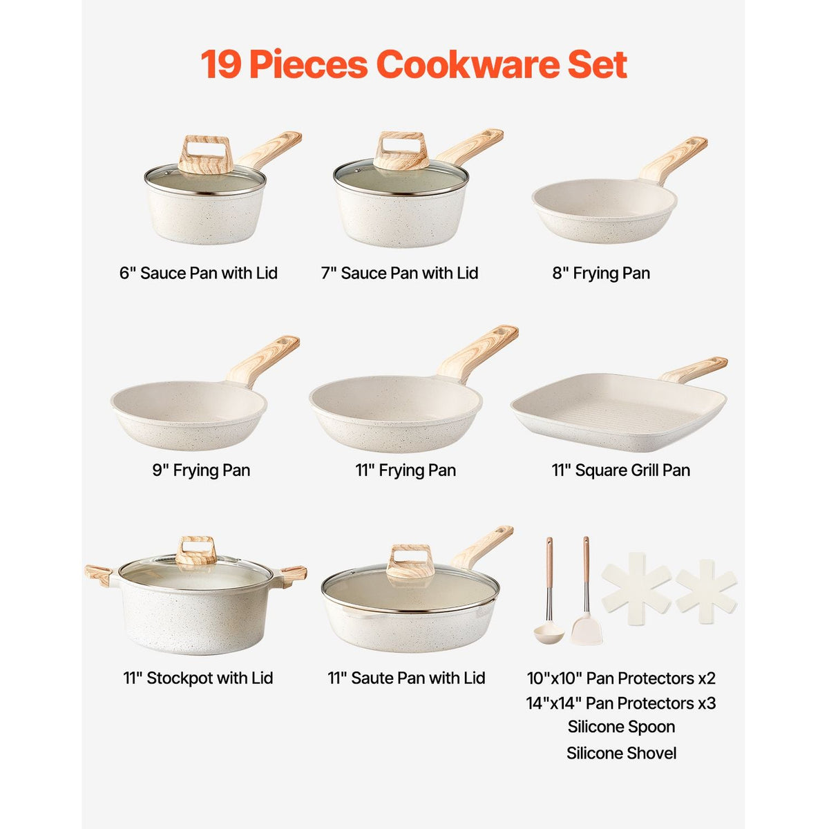 19 Piece Pots and Pans Set Nonstick, Granite Cookware Set, Induction Cookwares, Kitchen RV Cooking Sets with Frying, Sauce, Saute, Tempered Glass Lids, and Pan Protectors, White