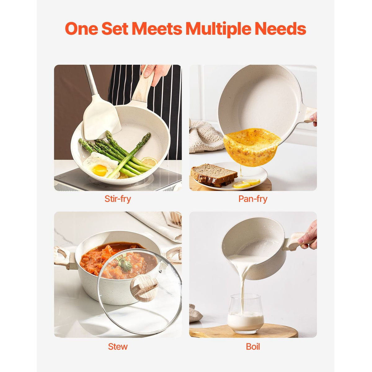 19 Piece Pots and Pans Set Nonstick, Granite Cookware Set, Induction Cookwares, Kitchen RV Cooking Sets with Frying, Sauce, Saute, Tempered Glass Lids, and Pan Protectors, White