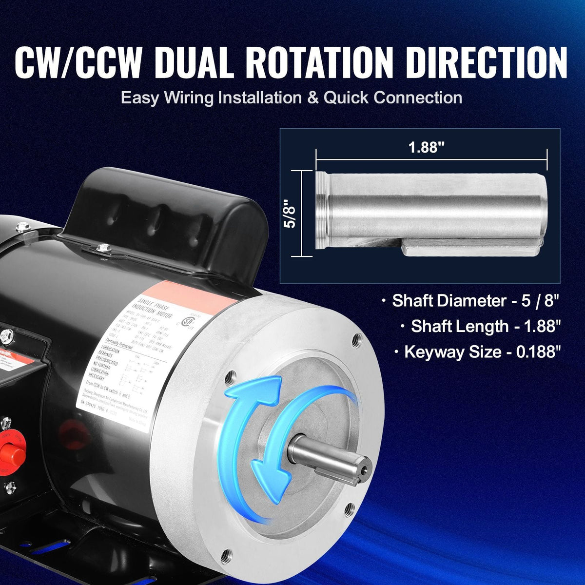 1HP Electric Motor 1725 rpm, AC 115V/230V, 56C Frame, Air Compressor Motor Single Phase, 5/8" Keyed Shaft, CW/CCW Rotation for Agricultural Machinery and General Equipment
