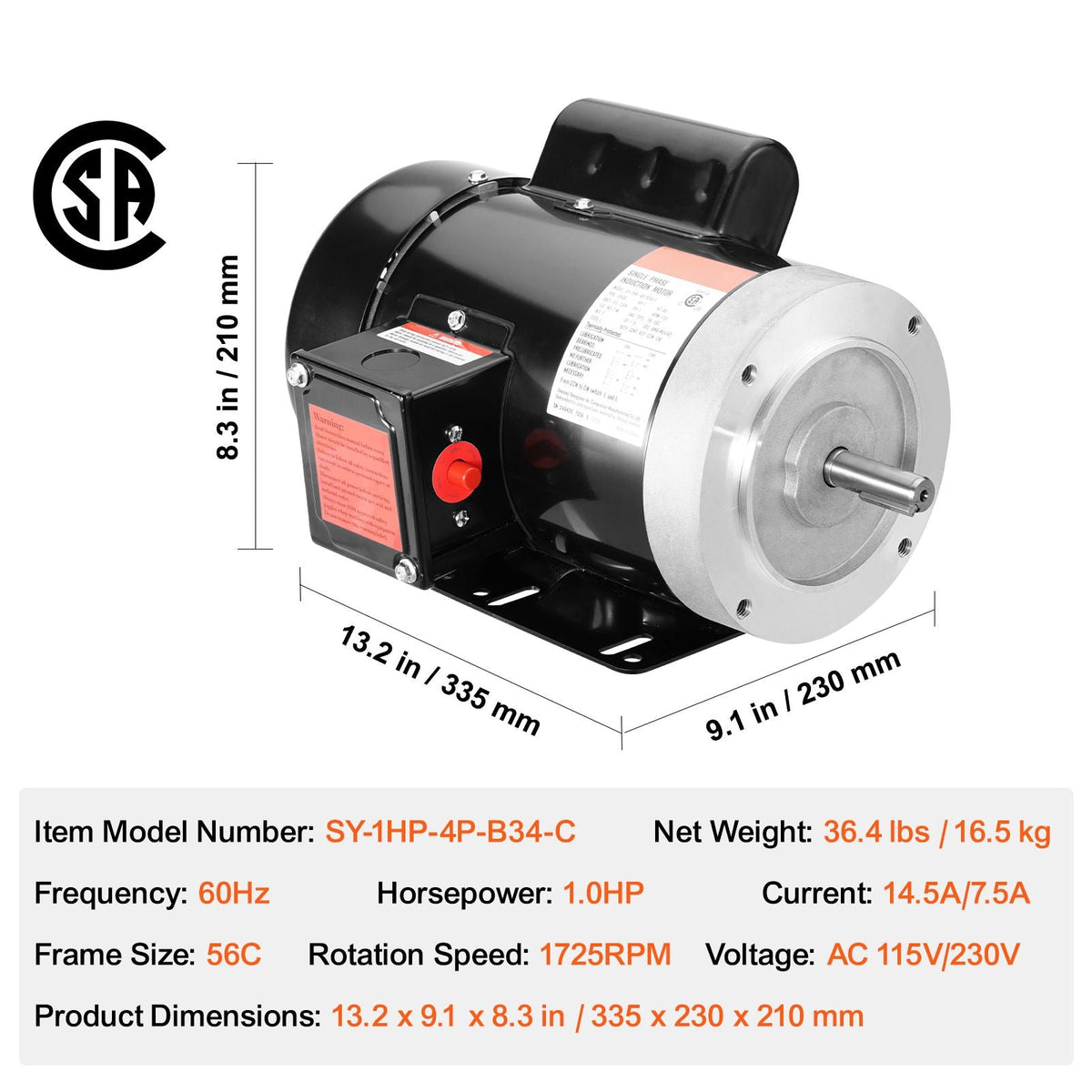 1HP Electric Motor 1725 rpm, AC 115V/230V, 56C Frame, Air Compressor Motor Single Phase, 5/8" Keyed Shaft, CW/CCW Rotation for Agricultural Machinery and General Equipment