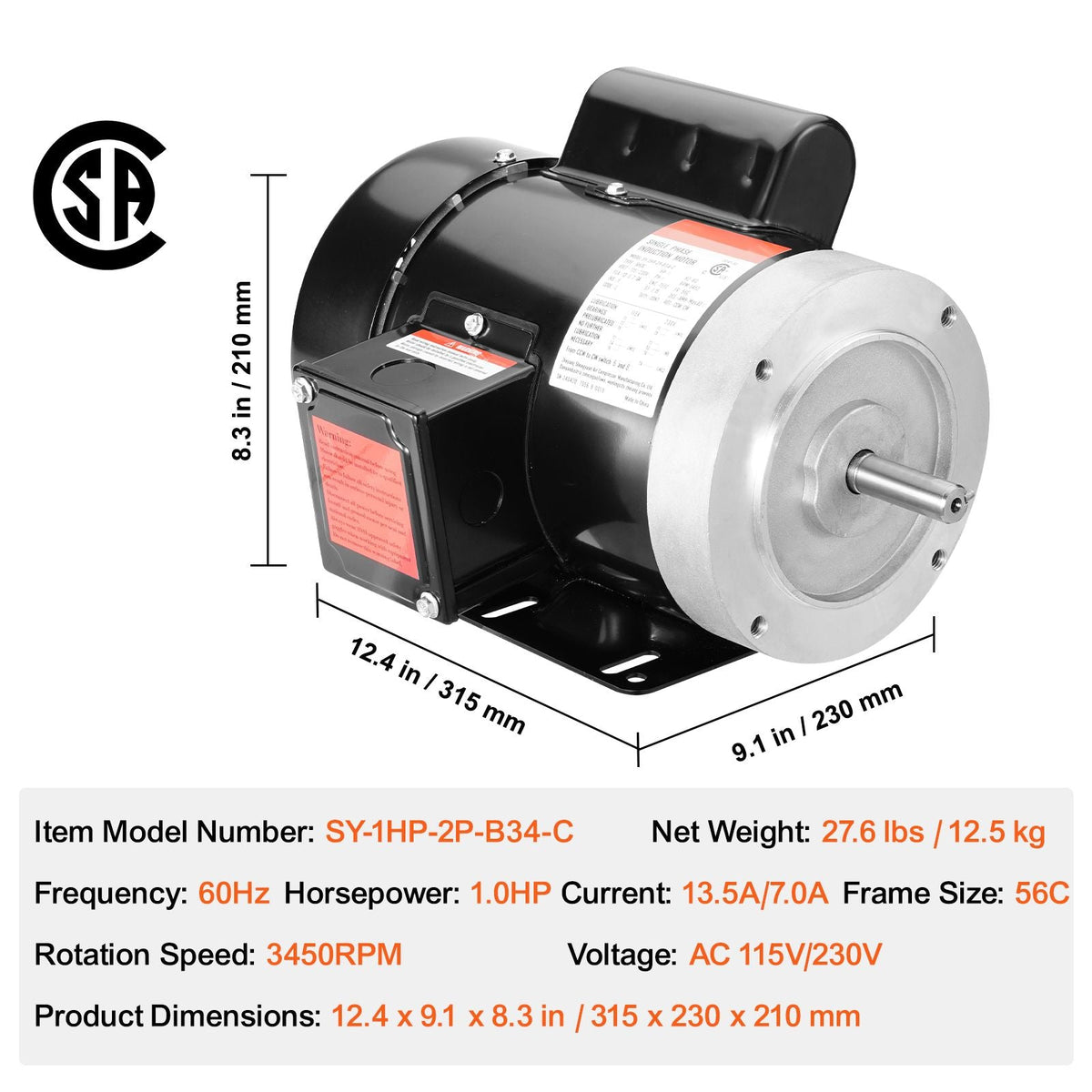 1HP Electric Motor 3450 rpm, AC 115V/230V, 56C Frame, Air Compressor Motor Single Phase, 5/8" Keyed Shaft, CW/CCW Rotation for Agricultural Machinery and General Equipment