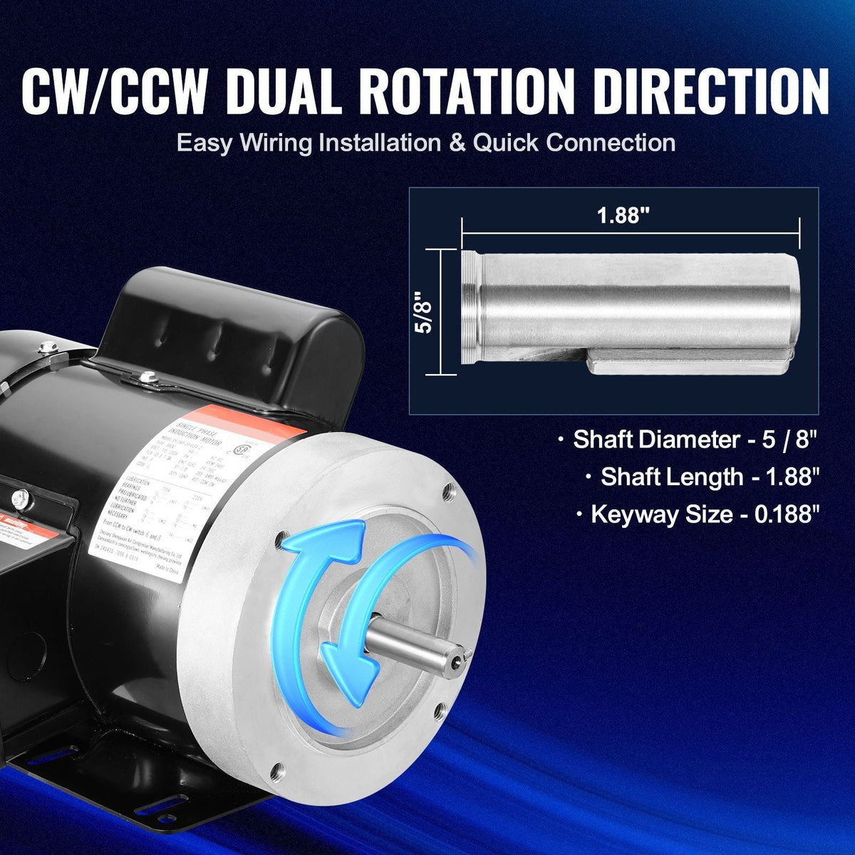 1HP Electric Motor 3450 rpm, AC 115V/230V, 56C Frame, Air Compressor Motor Single Phase, 5/8" Keyed Shaft, CW/CCW Rotation for Agricultural Machinery and General Equipment