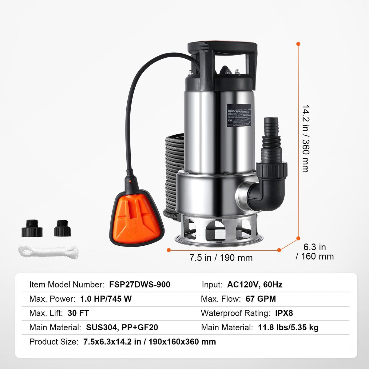1HP Sump Pump, 4020GPH, 30FT Lift Stainless Steel Submersible Sludge Pump with 26FT Power Cord Automatic ON/OFF Float Switch, Drain Clean/Dirty Water for Basement Flood Pool Pond Garden Hot Tub