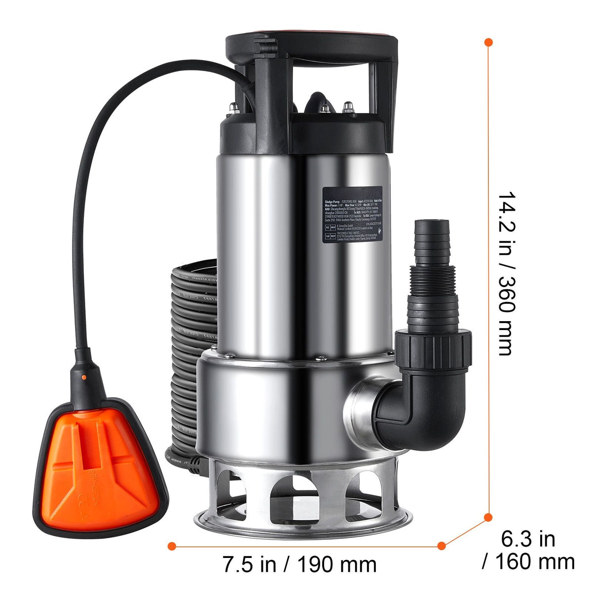 1HP Sump Pump, 4020GPH, 30FT Lift Stainless Steel Submersible Sludge Pump with 26FT Power Cord Automatic ON/OFF Float Switch, Drain Clean/Dirty Water for Basement Flood Pool Pond Garden Hot Tub
