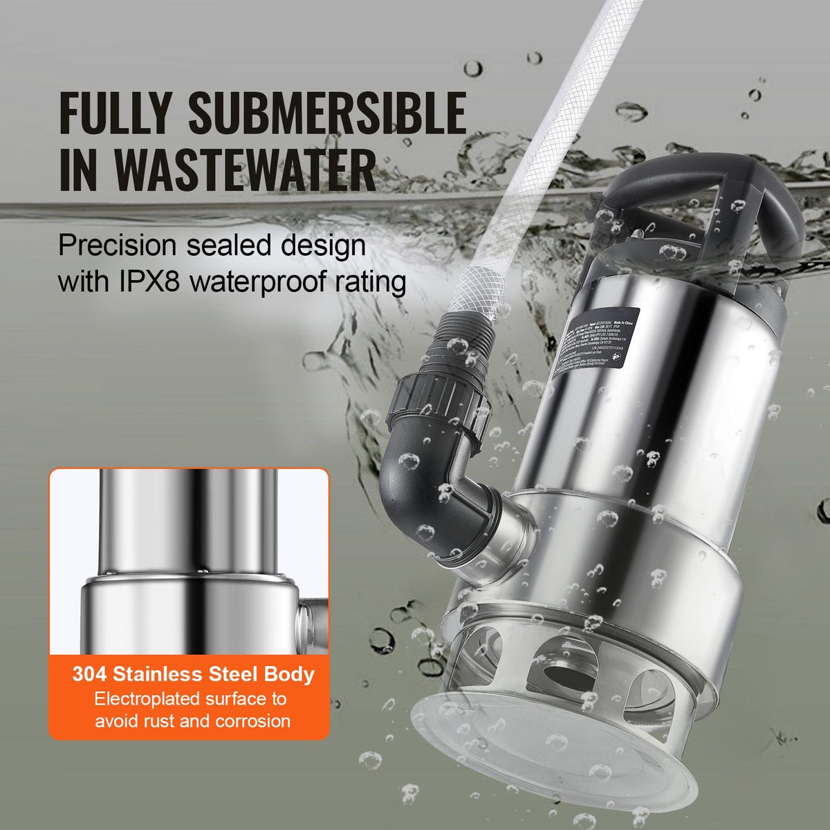 1HP Sump Pump, 4020GPH, 30FT Lift Stainless Steel Submersible Sludge Pump with 26FT Power Cord Automatic ON/OFF Float Switch, Drain Clean/Dirty Water for Basement Flood Pool Pond Garden Hot Tub