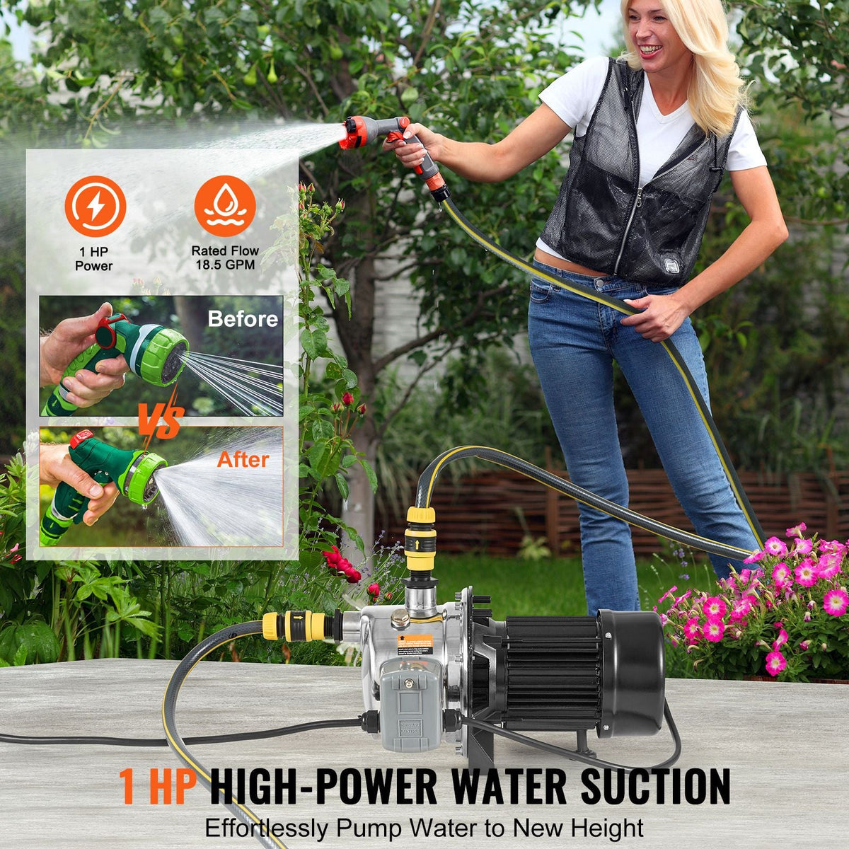 1HP SUS304 Stainless Steel Shallow Well Jet Pump, 115 Volt, 18.5 GPM 147.6 FT Maximum Head Irrigation Water Pump, for Agricultural Garden Irrigation System High-Rise Water Supply Shower Booster