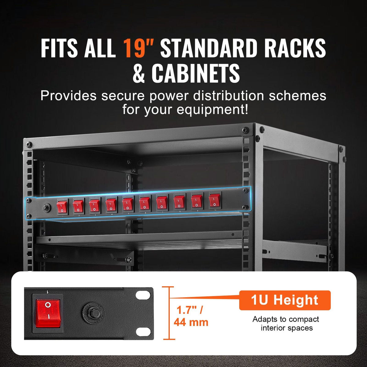 1U PDU, 10 Outlets, Rack Mount Power Strip Fits Standard 19" Server Racks, with Independent Switch Surge Protection & Overload Protection, 110-125V/15A, Ideal for Home and Office