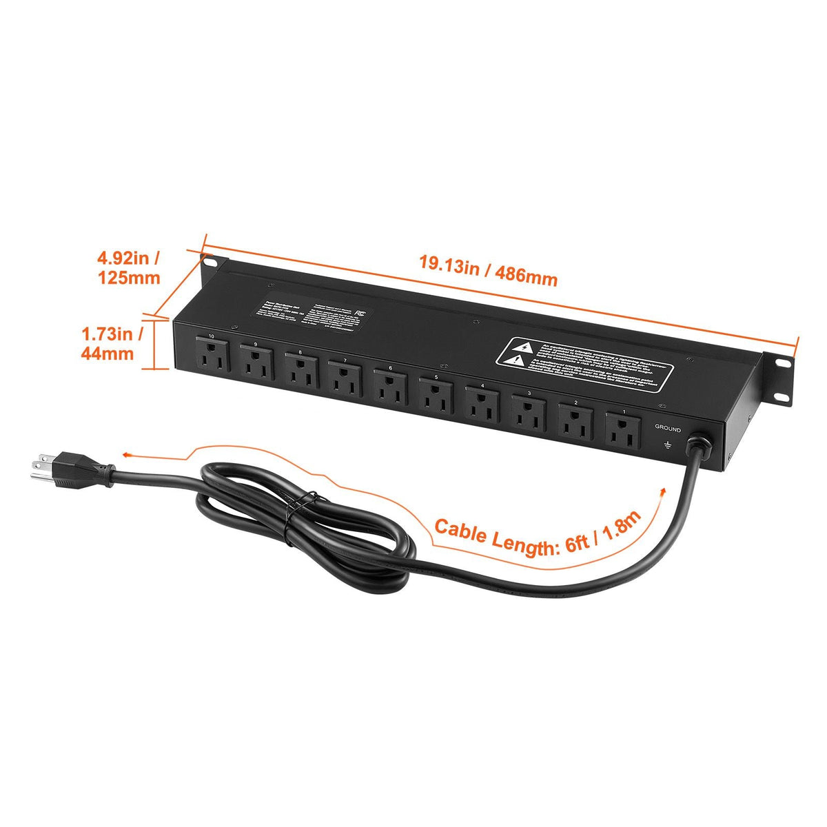 1U PDU, 10 Outlets, Rack Mount Power Strip Fits Standard 19" Server Racks, with Independent Switch Surge Protection & Overload Protection, 110-125V/15A, Ideal for Home and Office