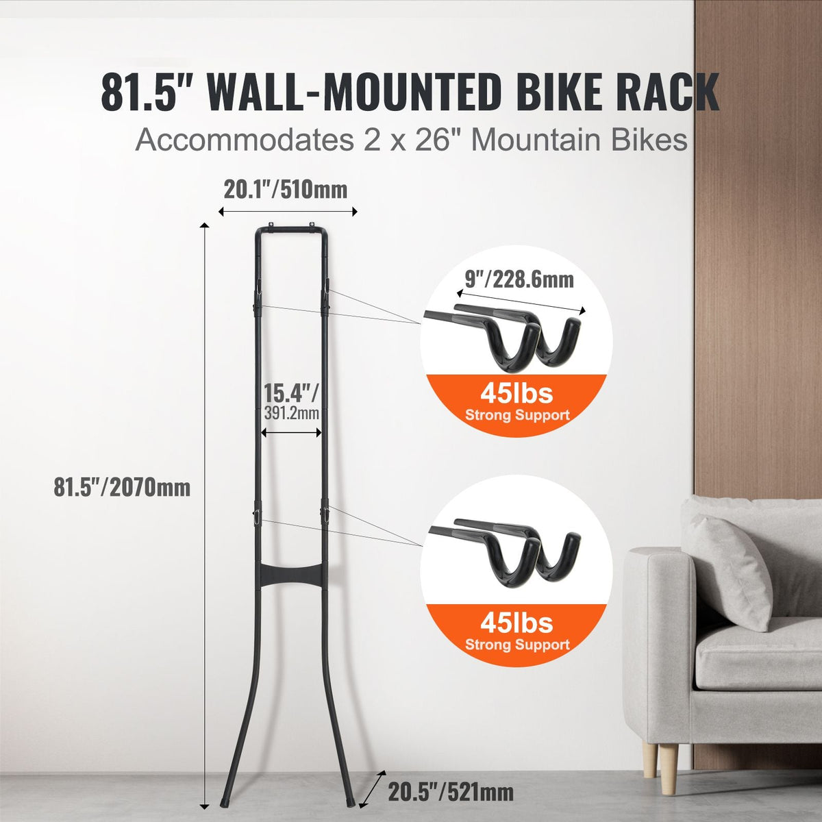 2 Bike Storage Rack, Free Standing Gravity Wall Vertical Bike Rack, Fully Adjustable Bike Rack Garage, Sturdy Steel & Easy Assemble, for Garage, Living Room, Shed, Holds Up to 90 lbs Black