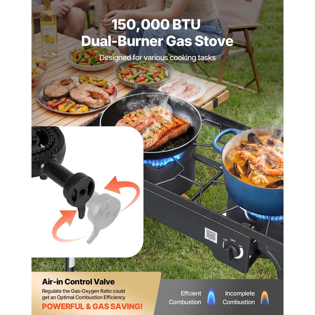 2 Burner Outdoor Propane Gas Stove, 150,000 BTU Propane LPG Gas Camping Stove, Heavy-duty Carbon Steel Outdoor Cooker, with 2 Wheels & 20 PSI Regulator & Hose, for BBQ Camp Home Patio Backyard