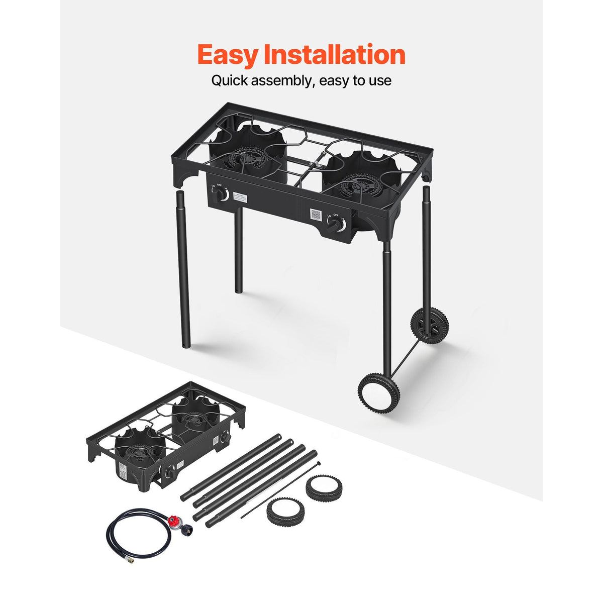 2 Burner Outdoor Propane Gas Stove, 150,000 BTU Propane LPG Gas Camping Stove, Heavy-duty Carbon Steel Outdoor Cooker, with 2 Wheels & 20 PSI Regulator & Hose, for BBQ Camp Home Patio Backyard