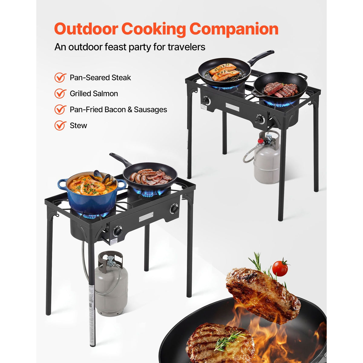 2 Burner Outdoor Propane Gas Stove, 150,000 BTU Propane LPG Gas Camping Stove, Heavy Duty Carbon Steel Outdoor Cooker, with Shield & Tall Stand & PSI Regulator, for BBQ Camp Home Patio Backyard
