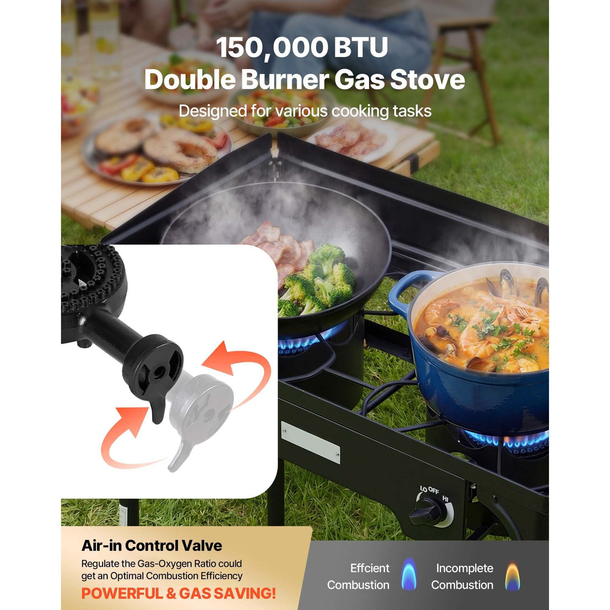 2 Burner Outdoor Propane Gas Stove, 150,000 BTU Propane LPG Gas Camping Stove, Heavy Duty Carbon Steel Outdoor Cooker, with Shield & Tall Stand & PSI Regulator, for BBQ Camp Home Patio Backyard