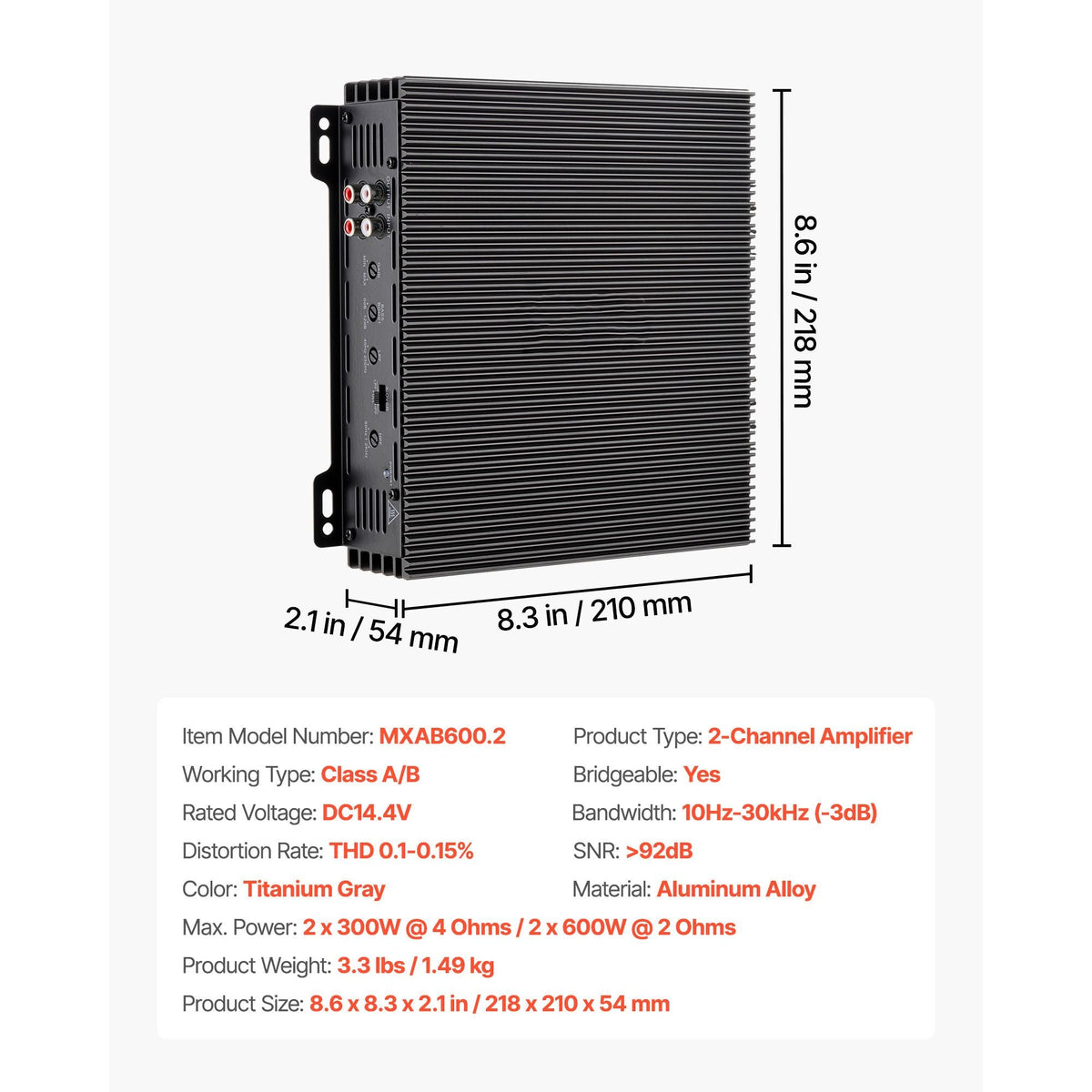 2 Channel Car Audio Amplifier 2 Ohm Stable Bridgeable Class A/B Full Range Stereo Amp Max Power 2 x 300W @ 4 Ohm / 2 x 600W @ 2 Ohm for Car SUV Truck Off-Road
