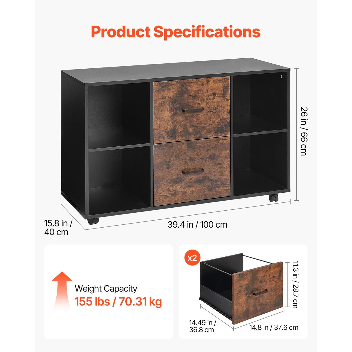 2 Drawer Wooden File Cabinet, Mobile Filing Cabinet with Open Shelves, Lateral Rolling File Storage with Lockable Wheels, Modern Free Standing Printer Stand for Home, Office, School, Black