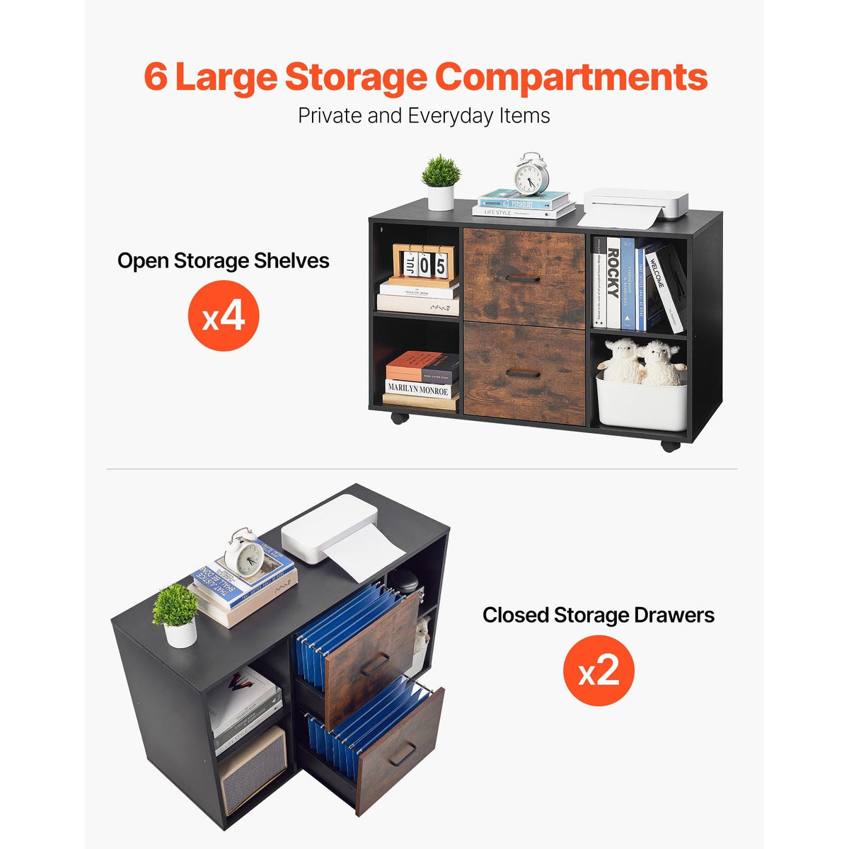 2 Drawer Wooden File Cabinet, Mobile Filing Cabinet with Open Shelves, Lateral Rolling File Storage with Lockable Wheels, Modern Free Standing Printer Stand for Home, Office, School, Black