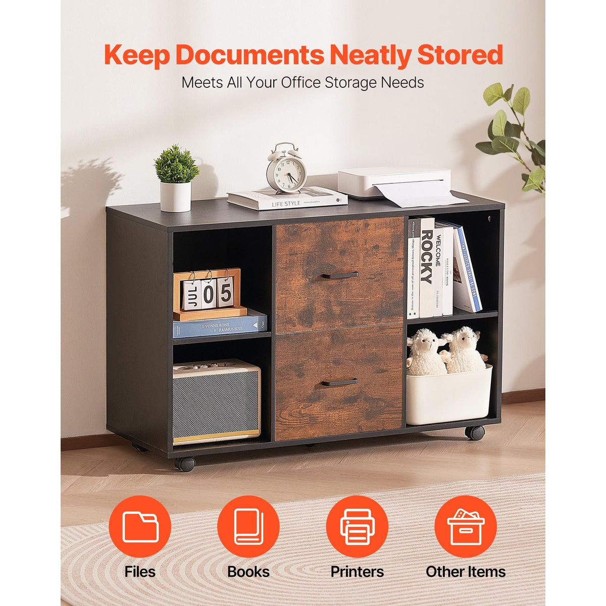 2 Drawer Wooden File Cabinet, Mobile Filing Cabinet with Open Shelves, Lateral Rolling File Storage with Lockable Wheels, Modern Free Standing Printer Stand for Home, Office, School, Black