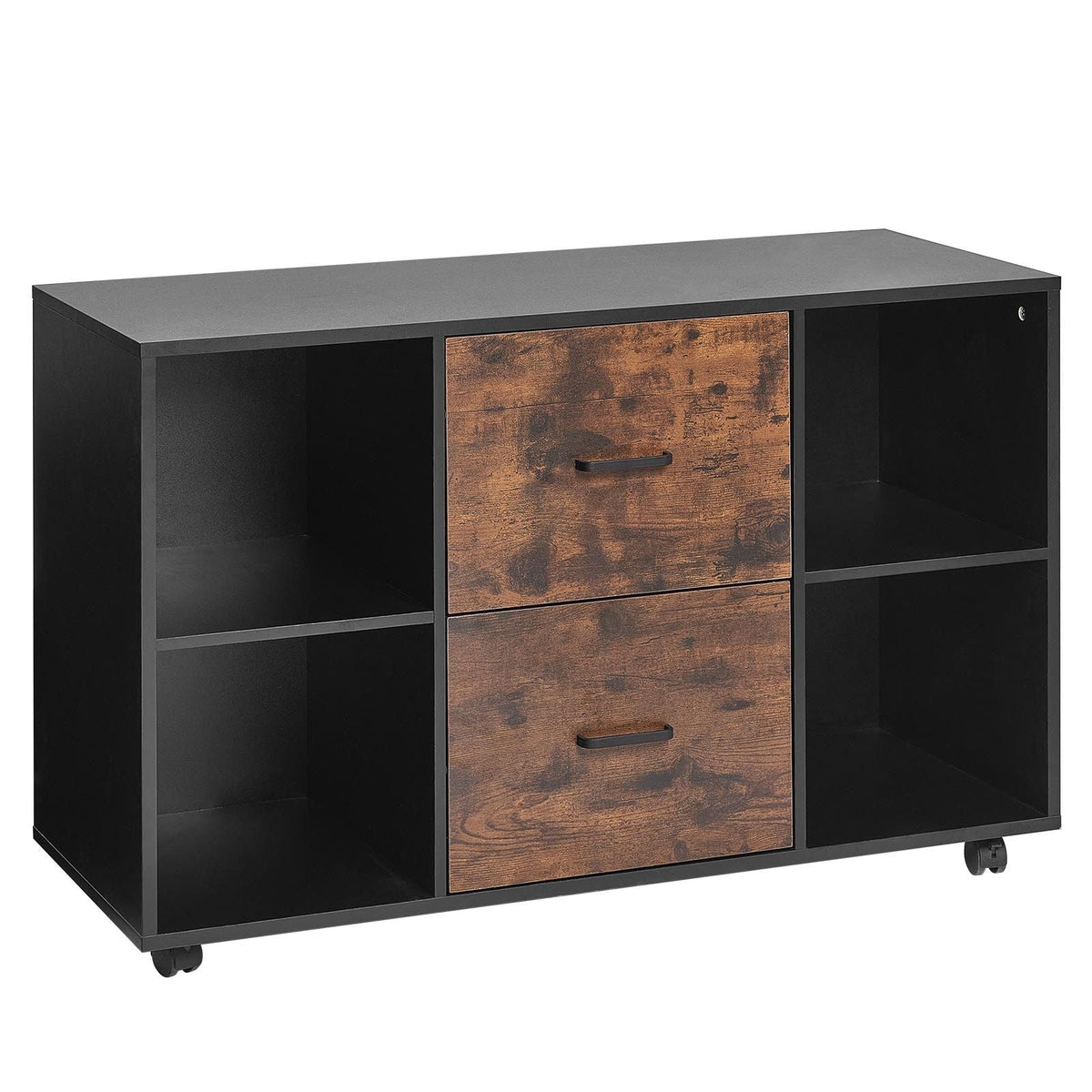 2 Drawer Wooden File Cabinet, Mobile Filing Cabinet with Open Shelves, Lateral Rolling File Storage with Lockable Wheels, Modern Free Standing Printer Stand for Home, Office, School, Black