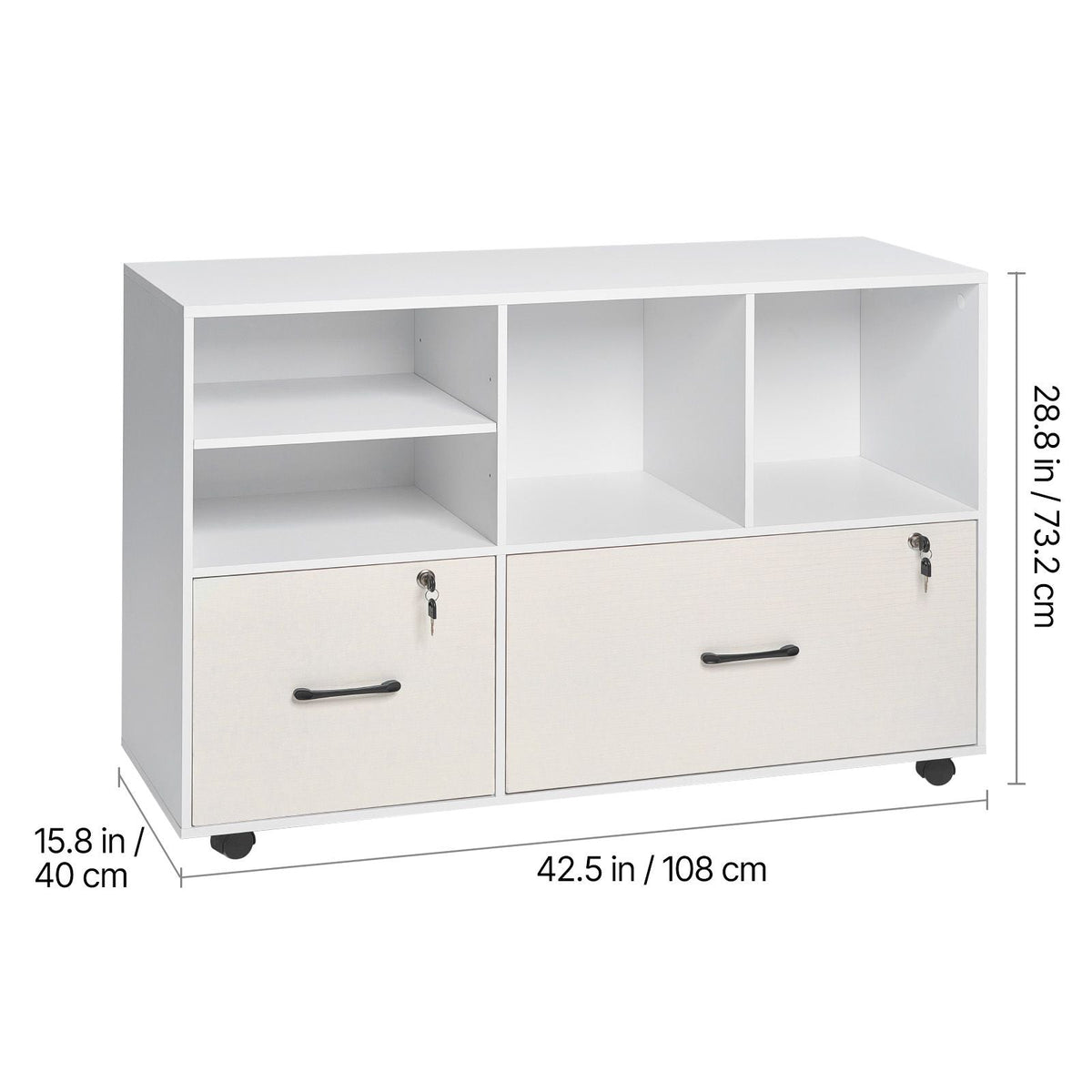 2 Drawer Wooden File Cabinet, Mobile Filing Cabinet with Open Shelves, Lockable Lateral Rolling File Storage with Adjustable Shelves, Free Standing Printer Stand for Home Office School, White