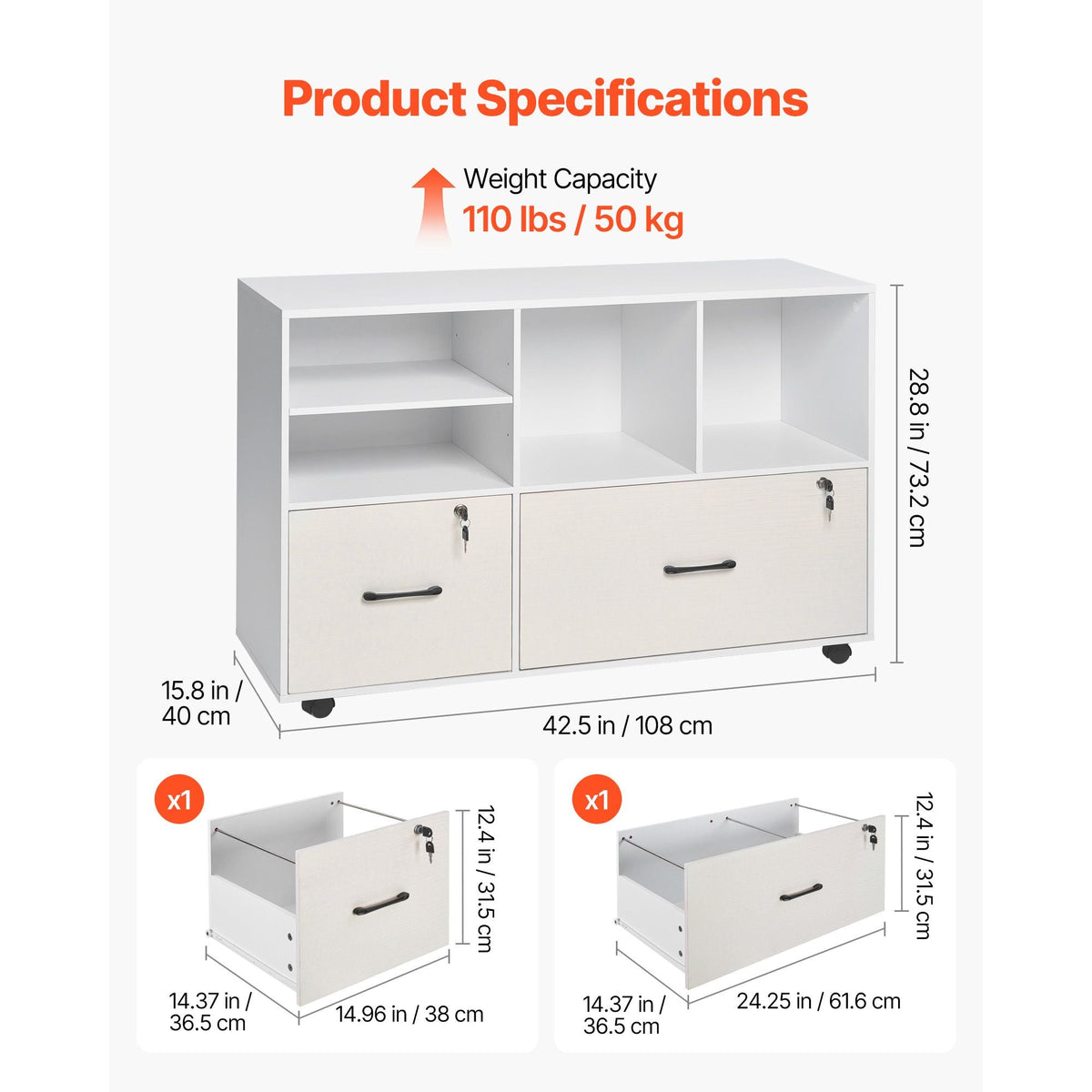 2 Drawer Wooden File Cabinet, Mobile Filing Cabinet with Open Shelves, Lockable Lateral Rolling File Storage with Adjustable Shelves, Free Standing Printer Stand for Home Office School, White