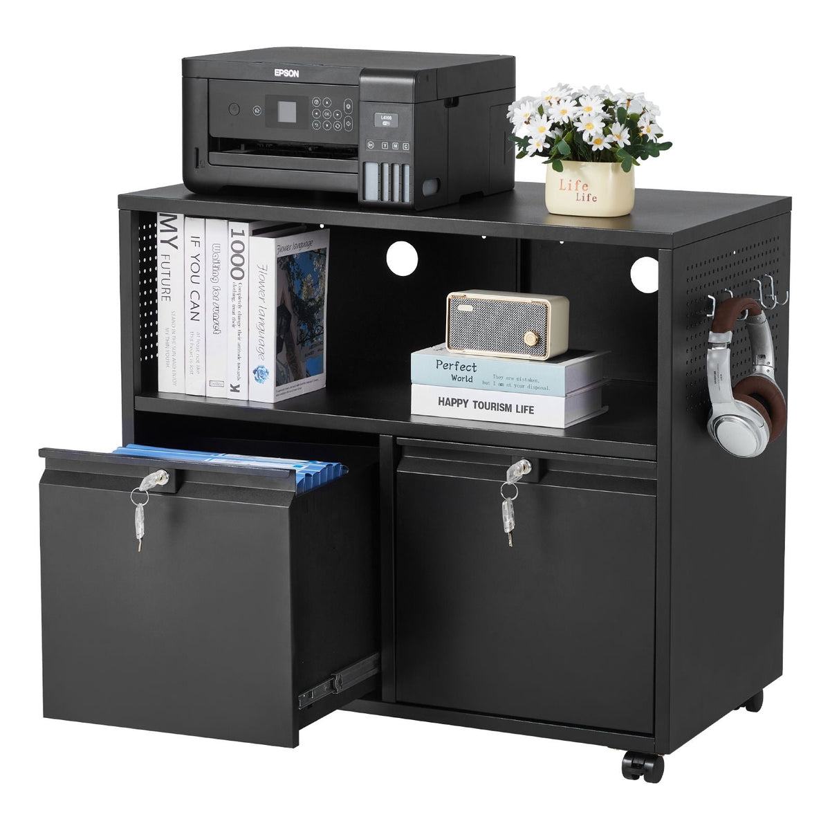 2 Drawers Metal File Cabinet, Lateral Filing Cabinet with Lock and Adjustable Hanging Rods, Wide Filing Storage Cabinets for Home and Office Fit Letter, A4, Legal Size File, Easy Assembly, Black