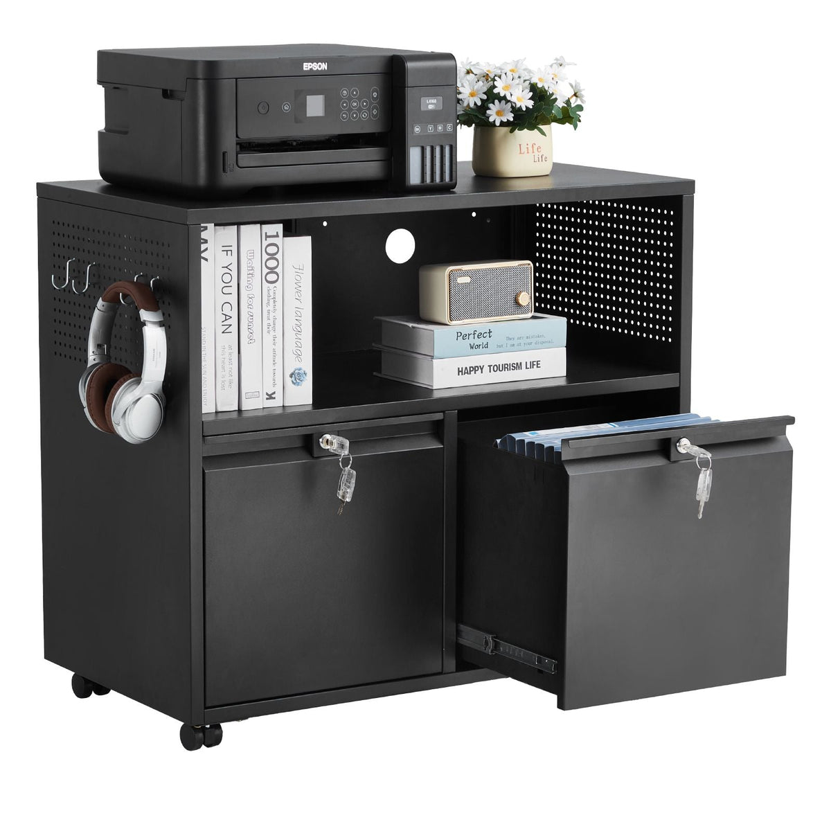 2 Drawers Metal File Cabinet, Lateral Filing Cabinet with Lock and Adjustable Hanging Rods, Wide Filing Storage Cabinets for Home and Office Fit Letter, A4, Legal Size File, Easy Assembly, Black