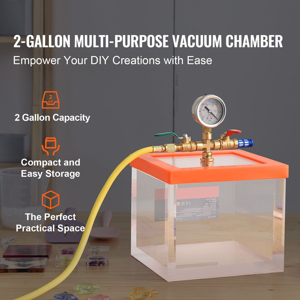 2 Gallon Vacuum Chamber, Upgraded Multipurpose Acrylic Vacuum Degassing Chamber, Transparent Vacuum Chamber, for Resin Degassing, Silica Gel Degassing, Gypsum Degassing and Vacuum Extraction