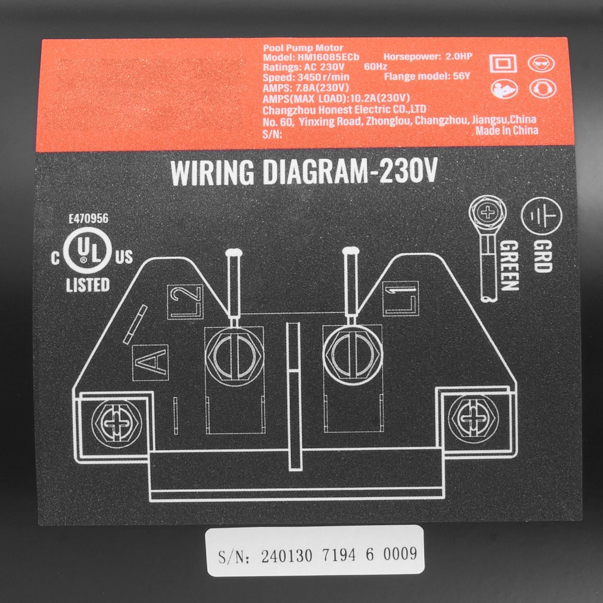 2 HP Pool Pump Motor, 56Y Frame, 230V (7.8 Amps) 3450 RPM, 60Hz, 1.3 Service Factor, 50μF/250V Capacitor, CCW Rotation Square Flange Replacement Motor