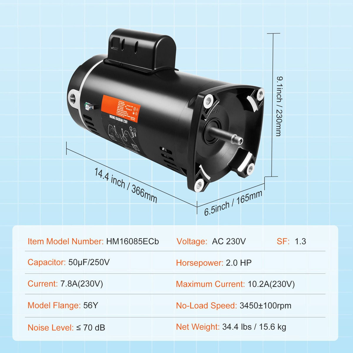 2 HP Pool Pump Motor, 56Y Frame, 230V (7.8 Amps) 3450 RPM, 60Hz, 1.3 Service Factor, 50μF/250V Capacitor, CCW Rotation Square Flange Replacement Motor