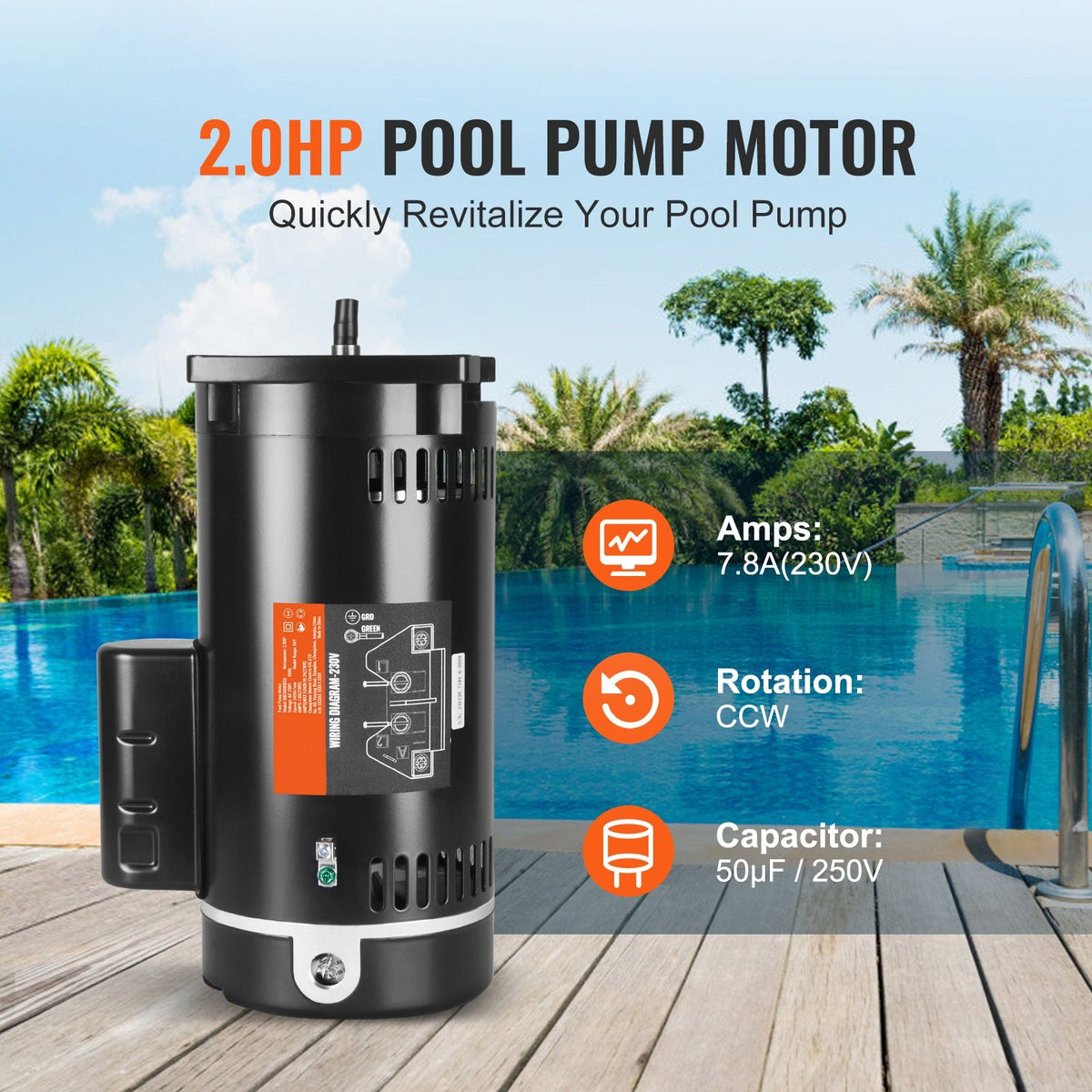 2 HP Pool Pump Motor, 56Y Frame, 230V (7.8 Amps) 3450 RPM, 60Hz, 1.3 Service Factor, 50μF/250V Capacitor, CCW Rotation Square Flange Replacement Motor