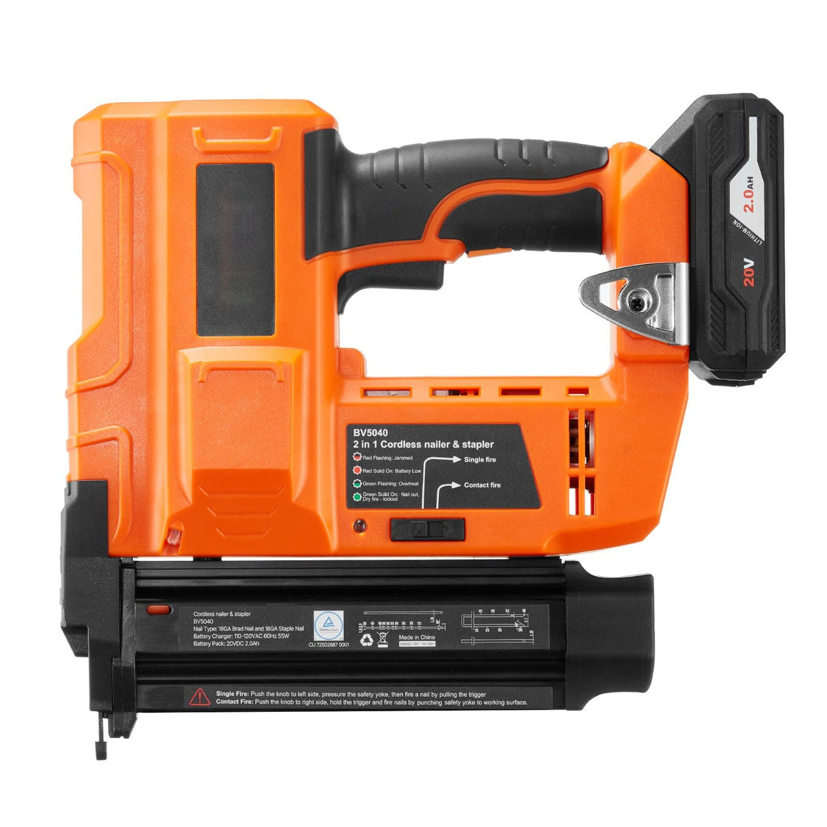 2-in-1 Cordless Brad Nailer, 18 Gauge, 20V Battery Powered Nail Gun and Staple Gun, with 500 pcs Nails, 500 pcs Staples, 2 x 2.0 Ah Li-ion Batteries, Charger, for Home Improvement, Woodworking