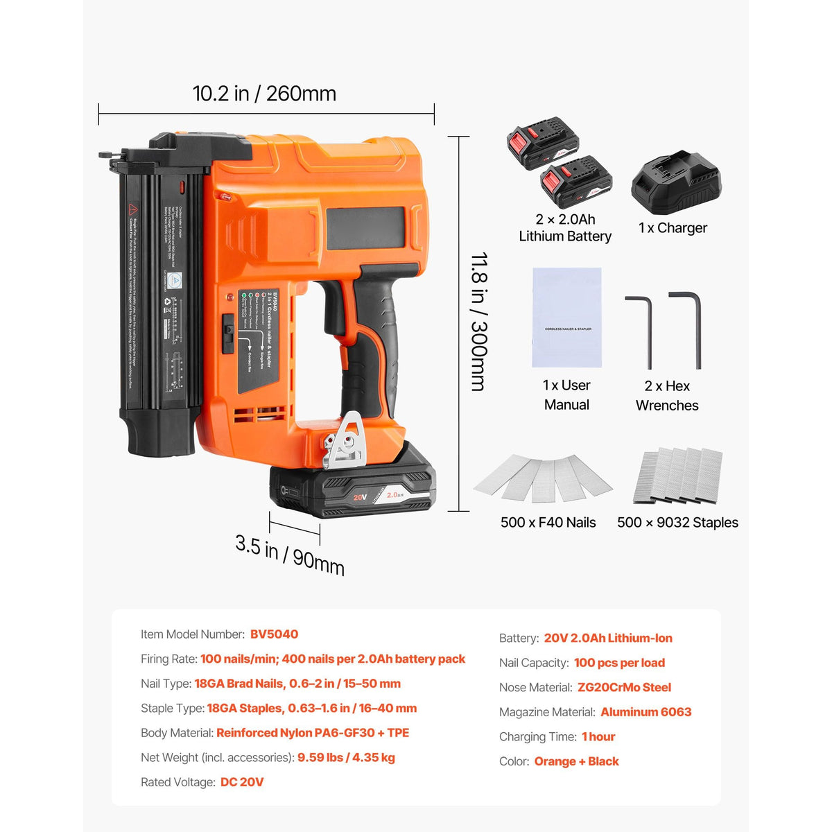 2-in-1 Cordless Brad Nailer, 18 Gauge, 20V Battery Powered Nail Gun and Staple Gun, with 500 pcs Nails, 500 pcs Staples, 2 x 2.0 Ah Li-ion Batteries, Charger, for Home Improvement, Woodworking