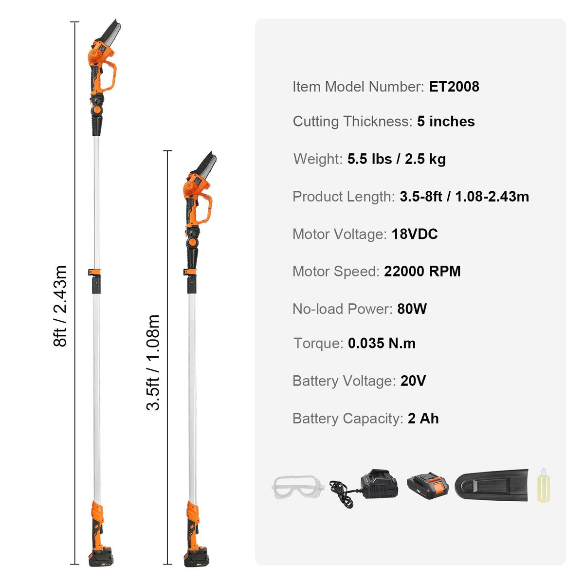 2-in-1 Cordless Pole Saw & Mini Chainsaw, 20V 2Ah Battery Pole Chainsaw, 5" Cutting Capacity 8 ft Reach Pole Saw for Branch Cutting & Tree Trimming (Battery and Blade Cover Included)