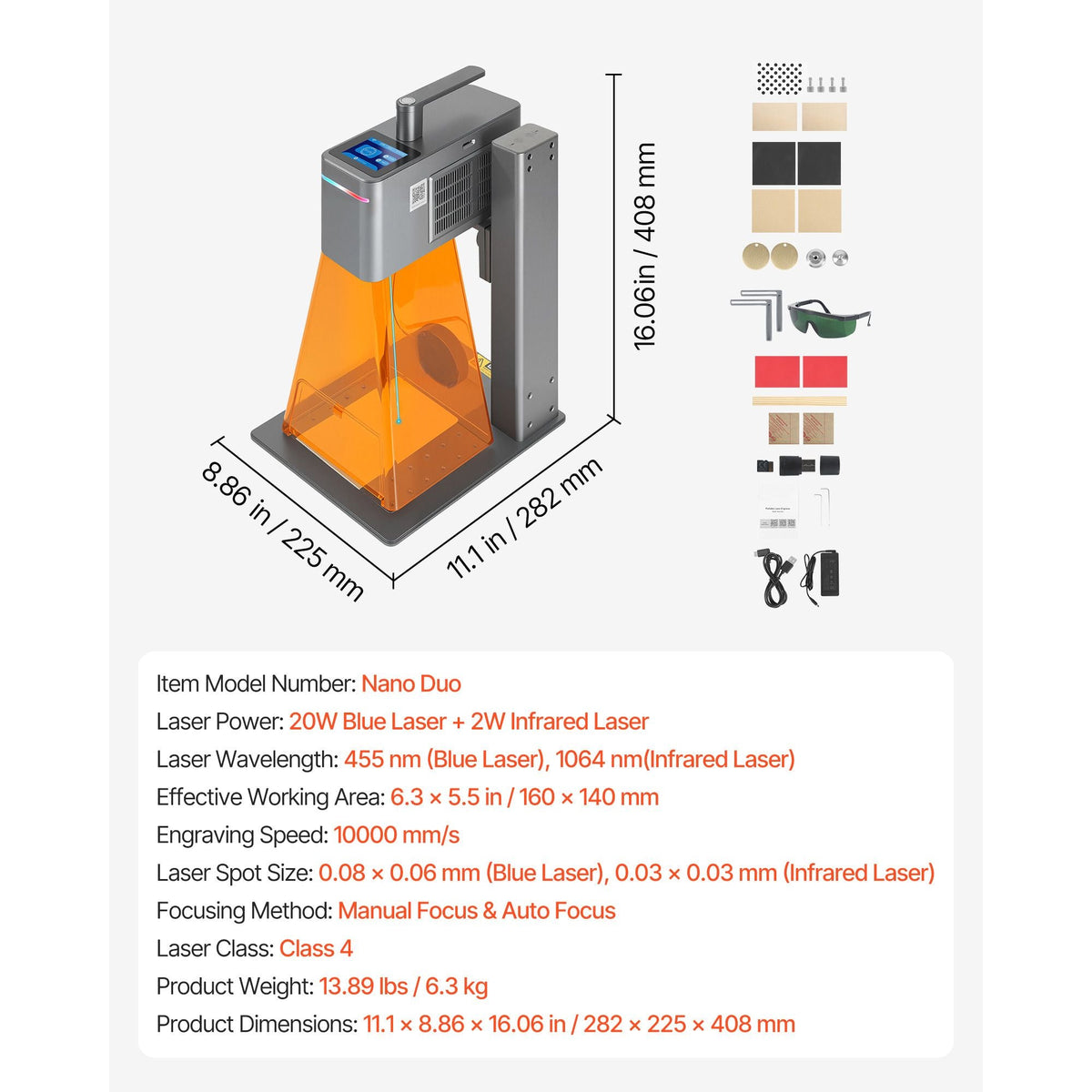 2-in-1 Dual Laser Engraver, 10,000 mm/s High Speed, Portable 20W Blue and 2W IR Laser Engraving Machine, 6.3 x 5.5 in Engraving Area, Manual & Auto Focus, DIY Engraver Tool, for Wood Acrylic