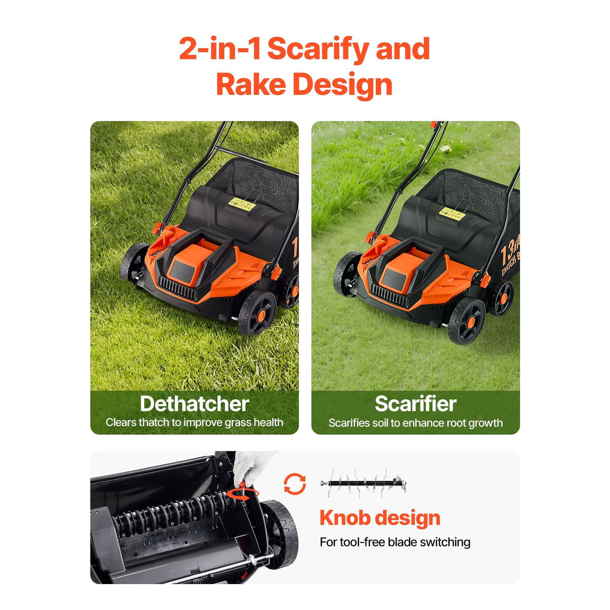 2-in-1 Electric Dethatcher and Scarifier, 13-Inch 13 Amp, Corded Lawn Dethatcher with 13-Gallon Thatch Collection Bag, 5-Position Depth Adjustment, Walk Behind Machine for Garden Yard Grass