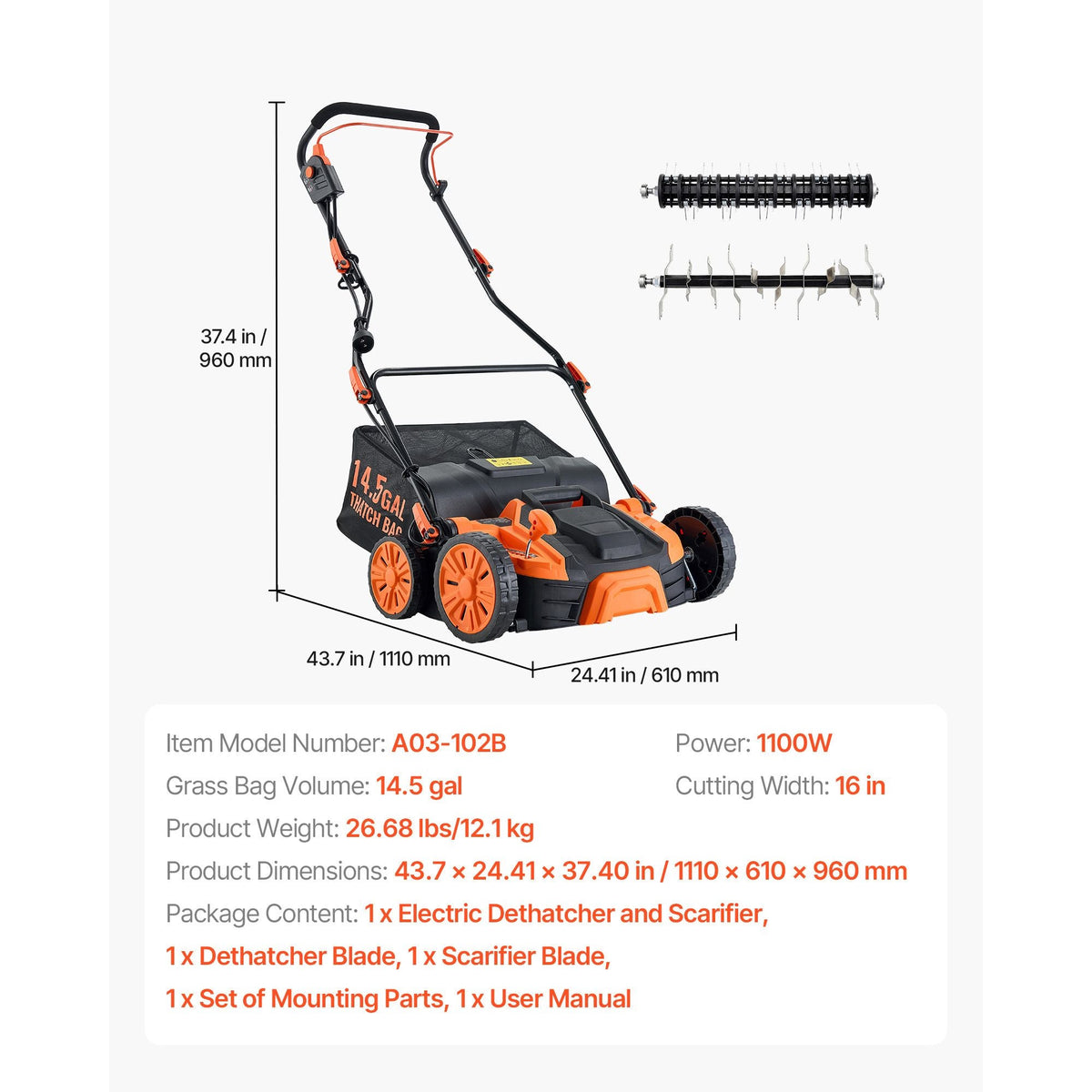 2-in-1 Electric Dethatcher and Scarifier, 16-Inch 15 Amp, Corded Lawn Dethatcher with 14.5-Gallon Thatch Collection Bag, 5-Position Depth Adjustment, Walk Behind Machine for Garden Yard Grass