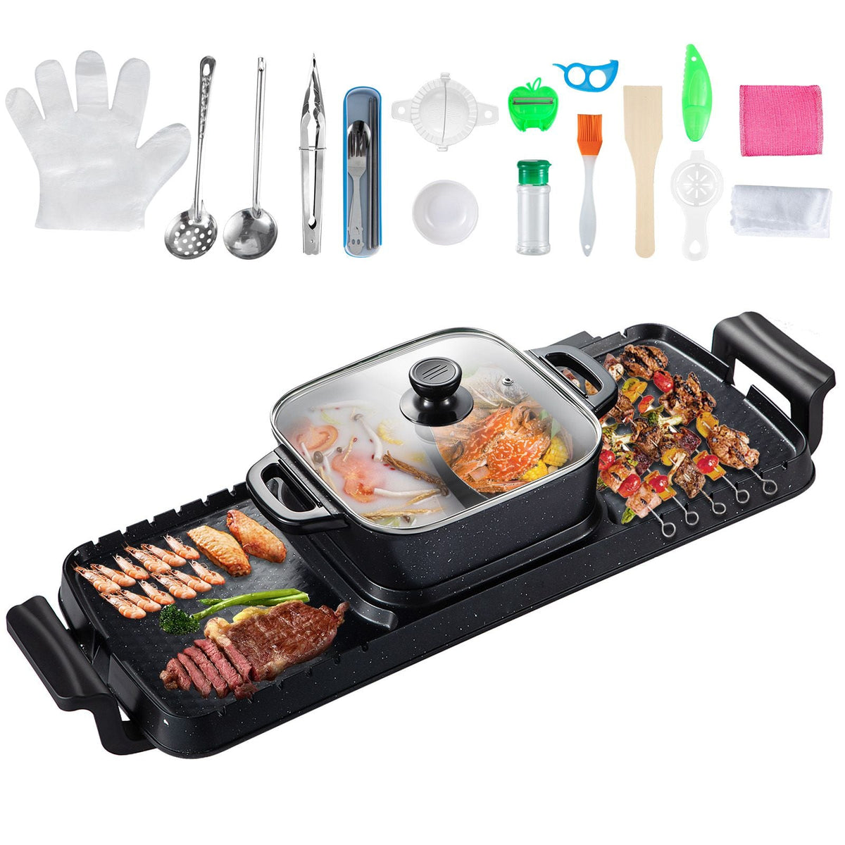 2 in 1 Electric Grill and Hot Pot, 2400W BBQ Pan Grill and Hot Pot, Multifunctional Teppanyaki Grill Pot with Dual Temp Control, Smokeless Hot Pot Grill with Nonstick Coating for 1-8 People
