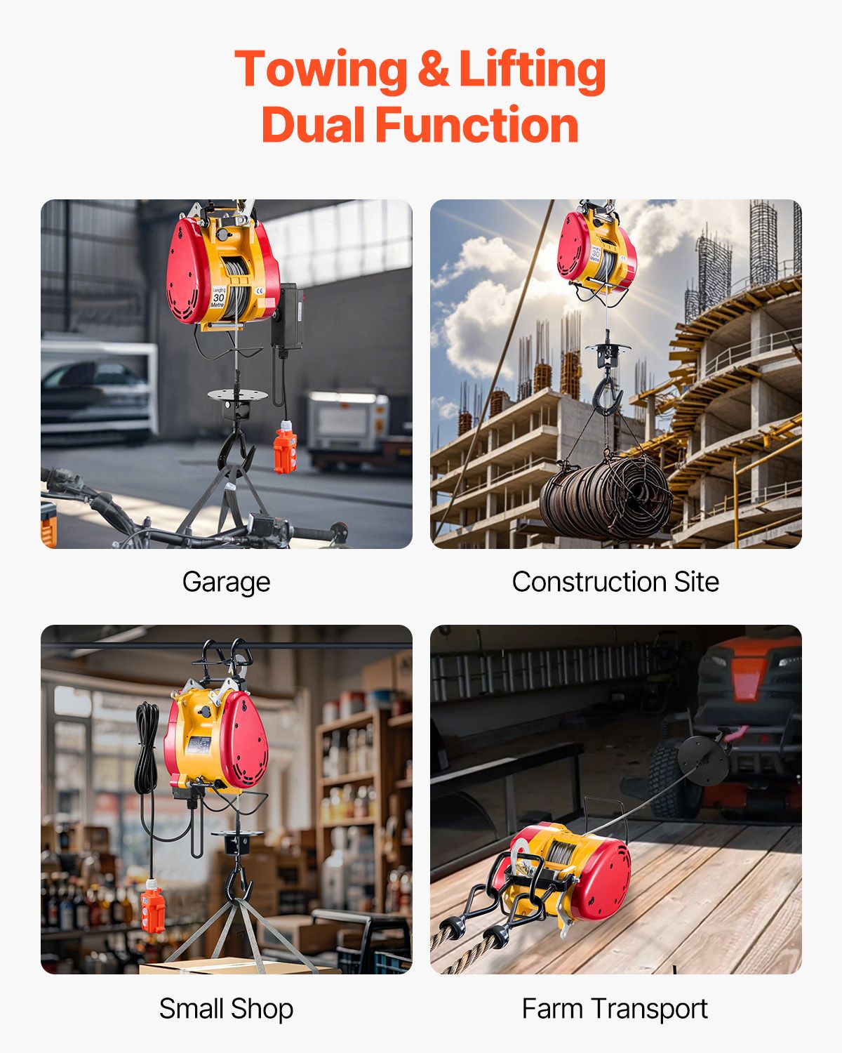 2-in-1 Electric Hoist Winch, 1100 lbs Capacity, 1800W Portable Power Winch, 98 ft Lifting Height, 36 ft/min with Wire and Wireless Remote Control, for Garage, Warehouse, Factory Lifting Towing