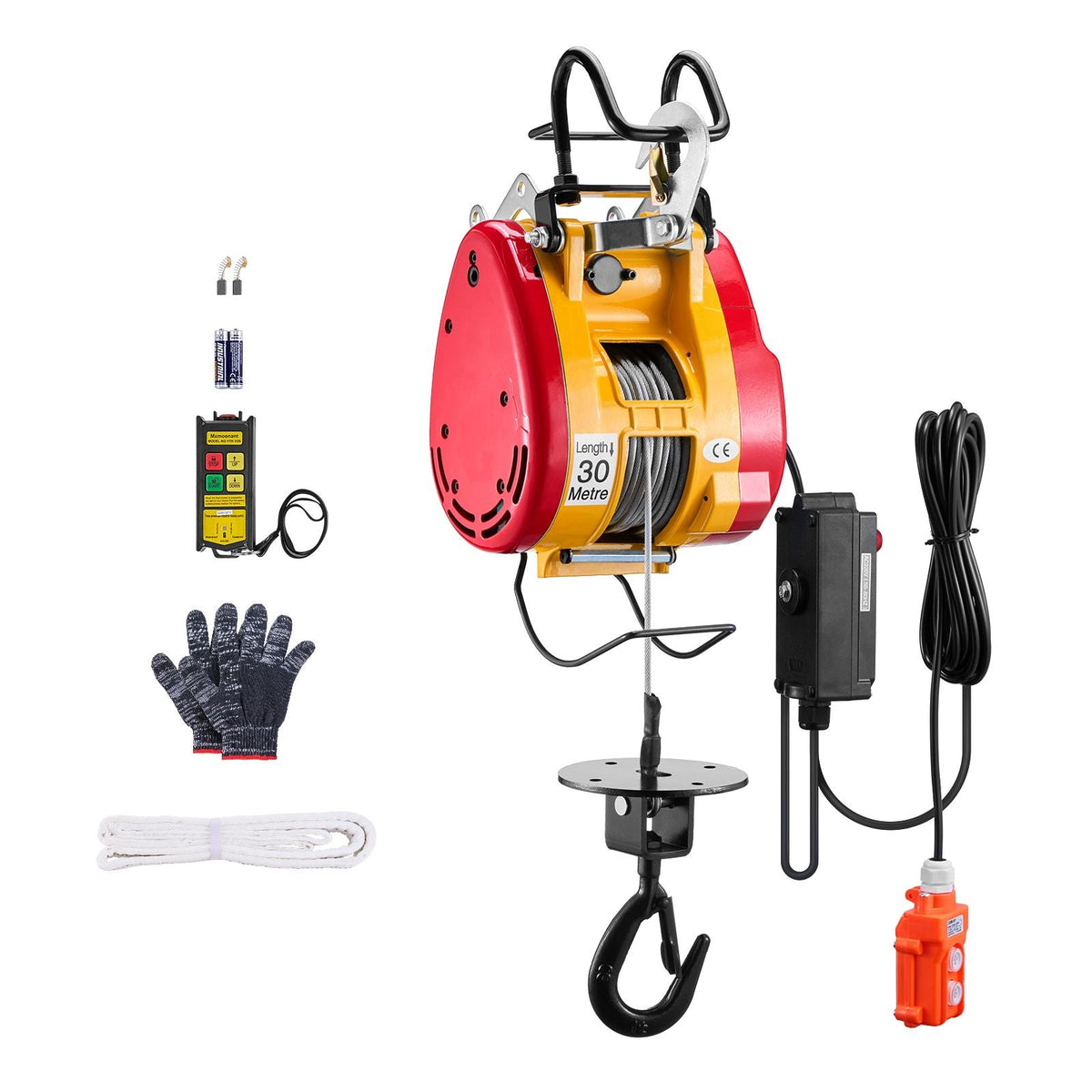 2-in-1 Electric Hoist Winch, 1100 lbs Capacity, 1800W Portable Power Winch, 98 ft Lifting Height, 36 ft/min with Wire and Wireless Remote Control, for Garage, Warehouse, Factory Lifting Towing