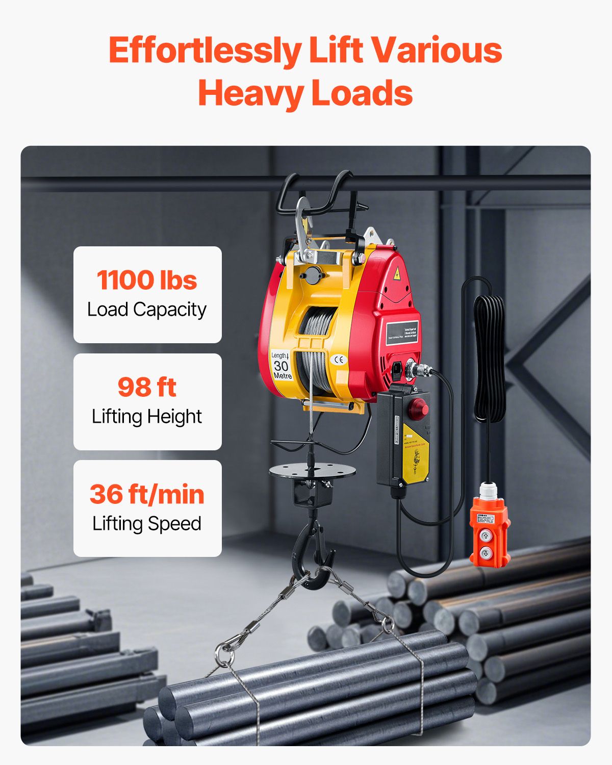 2-in-1 Electric Hoist Winch, 1100 lbs Capacity, 1800W Portable Power Winch, 98 ft Lifting Height, 36 ft/min with Wire and Wireless Remote Control, for Garage, Warehouse, Factory Lifting Towing