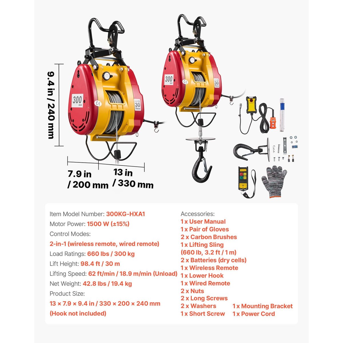 2-in-1 Electric Hoist Winch, 660 lbs Capacity, 1500W Portable Power Winch Crane, 98.4 ft Lifting Height, 62 ft/min with Wired and Wireless Remote Control for Factory, Warehouss, Garage