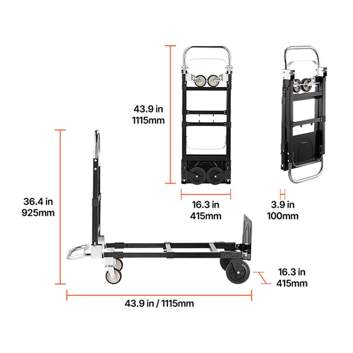 2 in 1 Folding Hand Truck, 500 lbs Load Capacity for 4-Wheel Mode, Convertible Hand Truck Dolly with Wheels & Adjustable Handle, Portable Trolley Dolly for Moving Home, Office, Warehouse