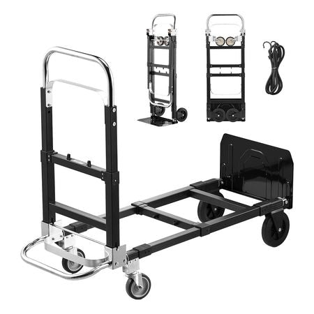 2 in 1 Folding Hand Truck, 500 lbs Load Capacity for 4-Wheel Mode, Convertible Hand Truck Dolly with Wheels & Adjustable Handle, Portable Trolley Dolly for Moving Home, Office, Warehouse