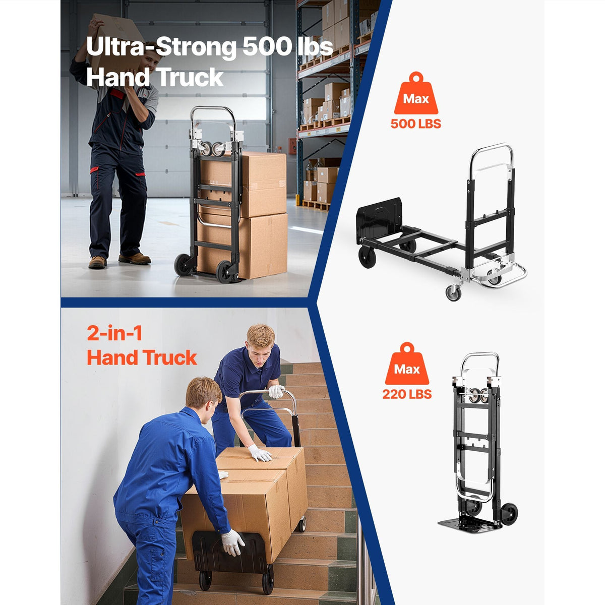 2 in 1 Folding Hand Truck, 500 lbs Load Capacity for 4-Wheel Mode, Convertible Hand Truck Dolly with Wheels & Adjustable Handle, Portable Trolley Dolly for Moving Home, Office, Warehouse
